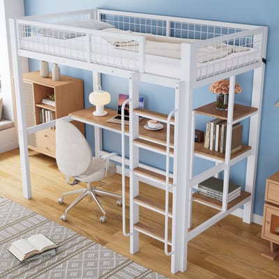 DESMIU Metalen Stapelbed 90x200cm - Hoogslaper Met Bureau En Planken - Veilige Vierzijdige Omranding En Vijftraps Trap - Voor Jeugd En Kinderkamer - Wit Naturel - Zonder Matras
