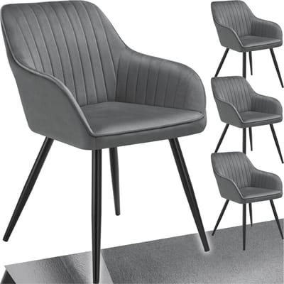tectake® Eetkamerstoel - Gevoerde fluwelen zitting met gestikt patroon - Zwart metalen poten - Woonkamer, eetkamer, slaapkamer en kantoor - Draagkracht 120 kg - Set van 4 - Grijs/zwart