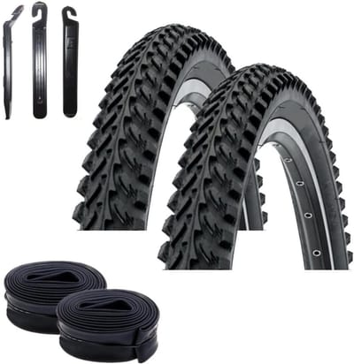 2x Mountainbike Banden Set 26 Inch Zwart Inclusief Binnenbanden en Bandenlichters