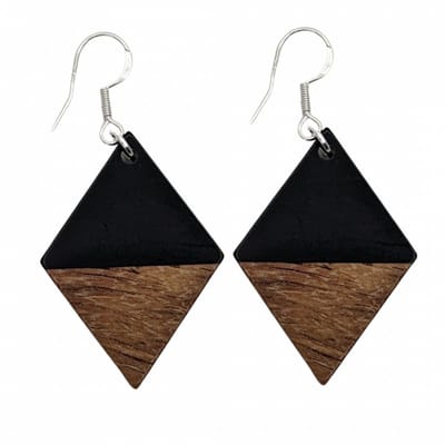 Oorbellen- Ruit hout-zwart-zilver Mignon -Charme Bijoux