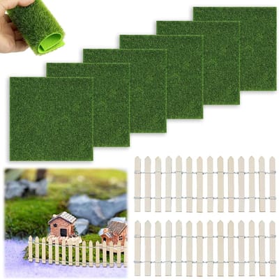Miniatuur Gras Set - Diorama Gras - Landschap Creëren - 8-Delig Inclusief Hek - 15x15 cm Gras - Groen