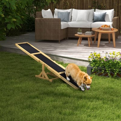 MEUNIQ Hondenwip voor hond agility 180 x 30 x 30 cm, houten balanswip met antislip oppervlak voor buiten, training en balans, voor honden tot 30 kg, geel