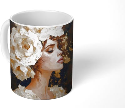 Mok - Koffiemok - Abstract - Vrouw - Bloemen - Wit - Mokken - 350 ML - Beker - Koffiemokken - Theemok