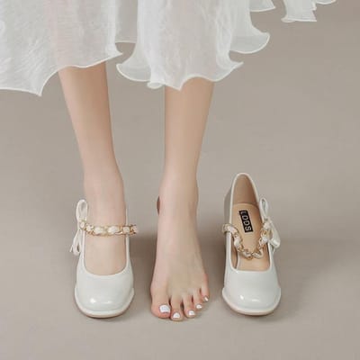 Saison Familiale Talons Hauts Femmes Chaussures Mary Nouveauté Printemps Et Été Nœud Épais Décolleté Peu Profond Simple 34 beige