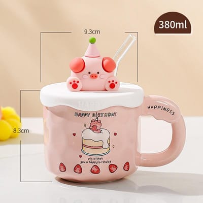 Creatieve Cartoon Dier Verjaardagstaart Kop Mok Keramische Kop Souvenir Rietjesbeker Verjaardagscadeau Waterbeker 380ML
