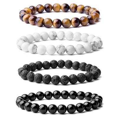 Bixorp 8mm Stretch armbanden set met Tijgeroog + Howliet + Lavasteen + Obsidiaan - Helende kralenarmbanden