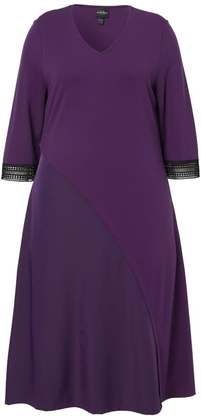 Ulla Popken - Dames - Punto jurk A-lijn taft-inzetstuk V-hals 3/4-mouwen - Donker violet - Maat 54+