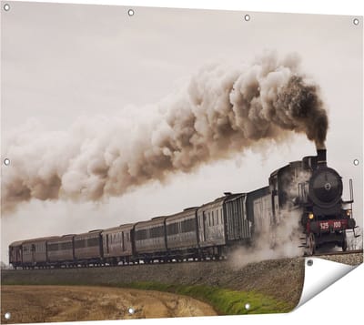 Gards Tuinposter Locomotief Trein met Rook Wolken - 120x90 cm - Tuindoek - Tuindecoratie - Wanddecoratie buiten - Tuinschilderij