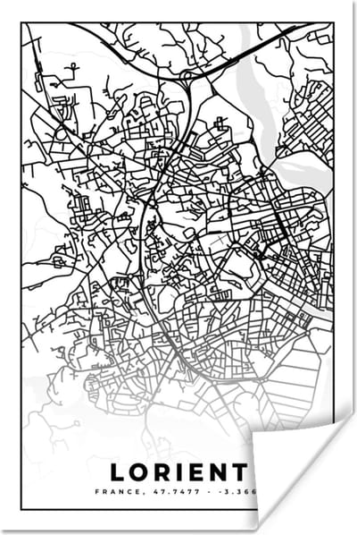 Poster Plattegrond - Lorient - Kaart - Frankrijk - Stadskaart - Zwart wit - 120x180 cm XXL