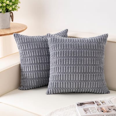 COOAU -Set van 2 decoratieve ribfluwelen kussenslopen - 45 x 45 cm (18x18 inch) - Zachte gestreepte kussenslopen - Modern boerderijhuisdecor - Voor bank, woonkamer, bed - effen kleur - Lichtgrijs