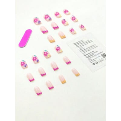 24 stuks Y2K Stijl Lange Vierkante Bloemenpatroon Kunstnagels & 1 stuks Nagelknipper & 1 vel Lijm Press-On Nagels Nagelbenodigdheden