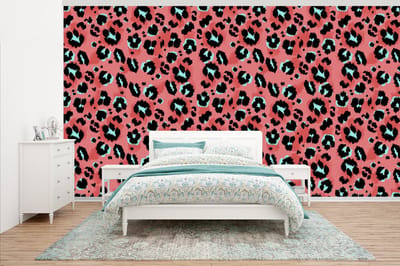 Behang - Fotobehang Panterprint - Roze - Blauw - Patroon - Breedte 500 cm x hoogte 280 cm