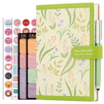 Dailygoods- Dagplanner A5 2026/2027 - 1 Dag per Pagina - Zachte Kaft - Inclusief Pen/Stickers - 80gsm Papier - Unieke Doelenpagina's - Agenda