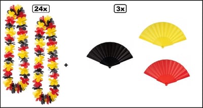 24x Hawaikrans zwart/geel/rood + 3x Waaier zwart/geel/rood - Tropical party WK Voetbal festival thema feest beachparty hawaii slinger