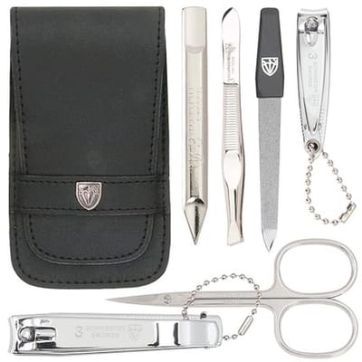 DREI SCHWERTER - Germany 6-delige manicureset 'Massa' | Manicure nagelset in zwart etui echt leer | Inhoud: huidschaar, nagelknipper, voetnagelknipper, saffier nagelvijl, pincet, nagelreiniger