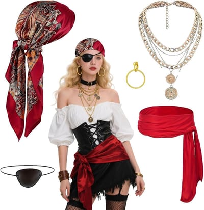 Dames Piraten Kostuum Accessoires Set met Vintage Captain Stijl, Rode Sjaal, Riem, Oorbellen en Ketting