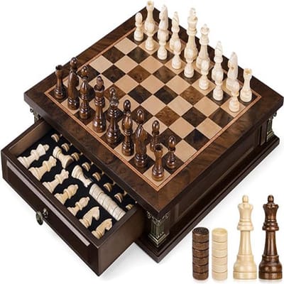 Luxe 2-in-1 Magnetisch Houten Schaak- & Damespel – Vintage Design met Opberglades – Handgemaakt Reisschaakspel voor Kinderen & Volwassenen – 32 x 32 cm Premium Bordspel
