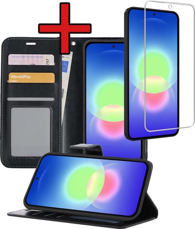 Hoesje - Met Screenprotector - Geschikt voor Samsung Galaxy A27 - Luxe Pasjeshouder - Flipcase - Bookcase Portemonee - Flip Case - Kunstleer Book Case - Book Cover - Walletcase - Portemonneehoes - Telefoonhoes - Zwart
