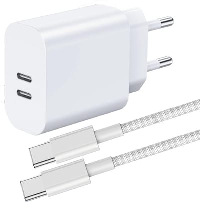 USB C naar USB C Adapter - USB Adapter 2 Poorten - USB C Lader + 1 Meter Kabel - GaN Snellader - 45W USB C Stekkerblok - Nylon Gevlochten Oplaadkabel - Wit