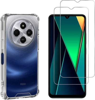 Hoesje voor Xiaomi Poco C75 backcover Shockproof siliconen Transparant en 2 stuks Screenprotector Gehard Glas