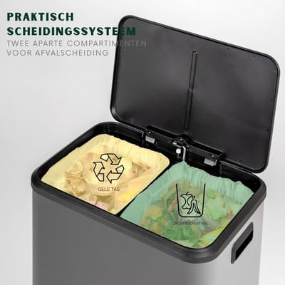 TIM® Prullenbak 2 Vakken - Duo Prullenbak - Prullenbakken - Grijs - 15 Liter - 34cm x 43cm x 50cm; 4 kg