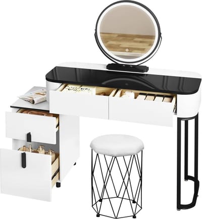 Deluxe Kaptafelset - Kaptafel met Kruk - Make-upbureau - Verstelbare LED-spiegel - Voldoende opbergruimte - Veelzijdig ontwerp - 100 cm x 125 cm x 40 cm