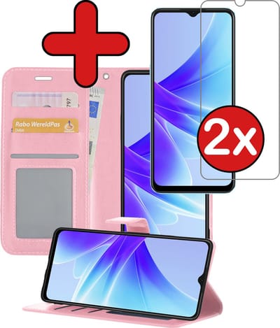 Hoesje - Met 2x Screenprotector - Geschikt voor OPPO A17 - Luxe Pasjeshouder - Flip Case - Bookcase Portemonee - Kunstleer Book Case - Flipcase Hoes - Book Cover - Walletcase - Portemonneehoes - Telefoonhoes - Lichtroze