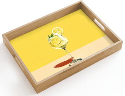 Dienblad hout 40x30 cm - Schootdienblad - Wijnglas - Citroen - Geel - Minimalistisch - Borrelplank rechthoek - Plateau dienbladen