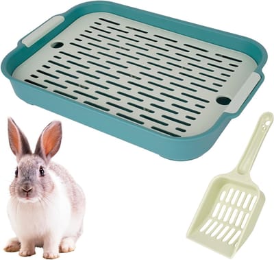 Hoekige Kattengritbak voor Konijnen en Kleine Dieren met Schep - Dubbele Laag en Grondrooster (Groen)