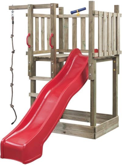 Houten Speeltoren Mario (SwingKing) | Speeltoren met Glijbaan en Knopentouw voor Buiten in de Tuin | FSC Hout - Glijbaan Rood
