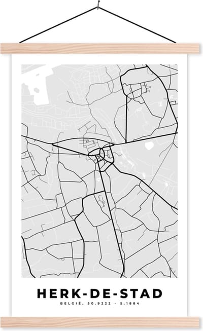 Posterhanger incl. Poster 40x60 cm - Schoolplaat - Stadskaart – Plattegrond – België – Zwart Wit – Herk de Stad – Kaart - Textielposter - Blanke latten - Stadskaart