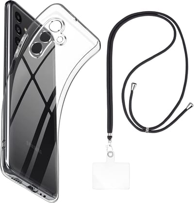 Set met hoesje en nekband voor Samsung Galaxy a34 - Flexibele, transparante TPU-bescherming, verstelbare universele nekband voor mobiele telefoons, zwarte nekband, transparante draagriem van Phonillico®