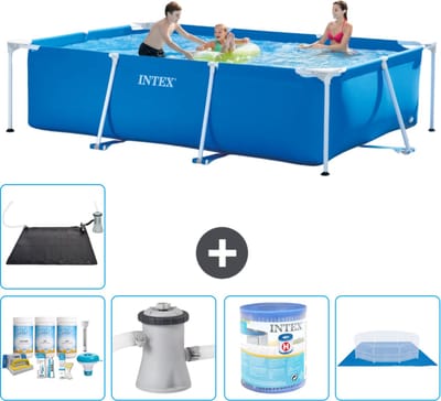 Intex Rechthoekig Frame Zwembad - 300 x 200 x 75 cm - Blauw - Inclusief Onderhoudspakket - Zwembadfilterpomp - Filter - Grondzeil - Solar Mat - 6-delig
