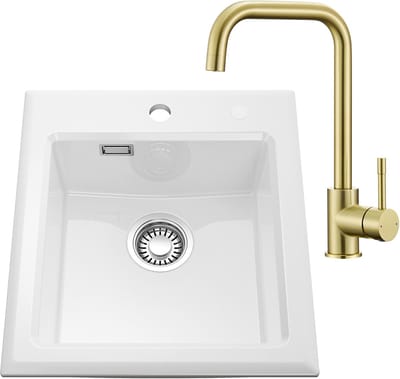 CECIPA max Spoelbak Keuken 45x50CM - Keramische Spoelbakken Keuken Met Keukenkraan Goud - Enkele spoelbak Wit - Spoelbakken Met Waterafvoersysteem