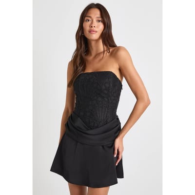 boohoo Dames Gestructureerde doorzichtige florale kanten korset drape mini-jurk | Zwart | Maat: 38