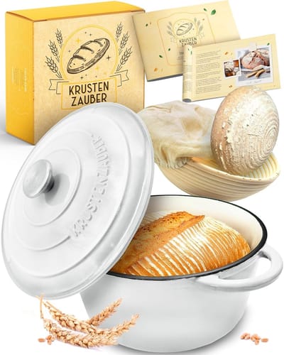 Gietijzeren Pan - Broodbak Set - Brood Bakken - Met Rijs- en Bakmand - 26 cm - Wit