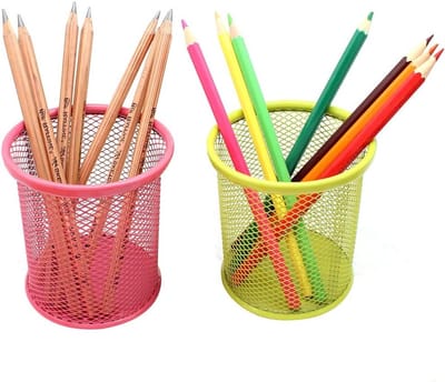 Desktop Pennenhouder voor Kantoor, Organiser voor Bureau en Make-up Borstels, Set van 2 in Groen en Roze