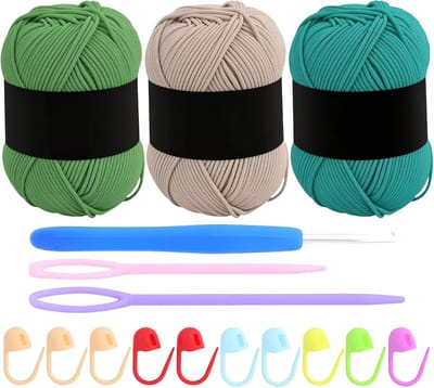 Haakgaren, katoen, haakwol, chenillewol voor haken, 3 x 50 g, haakwol met haaknaald, 4 mm, dik katoen-nylon menggaren, saliegroen