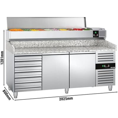 GGM Gastro Pizzakühltisch PREMIUM - 2000x800mm - mit 2 Türen & 7 Schubladen - inkl. Kühlaufsatzvitrine - 9x GN 1/3 Zilver