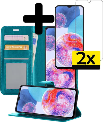 Hoesje - Met 2x Screenprotector - Geschikt voor Samsung Galaxy A23 - Luxe Pasjeshouder - Bookcase Portemonee - Flip Case - Kunstleer Book Case - Flipcase Hoes - Book Cover - Walletcase - Portemonneehoes - Telefoonhoesjes - Turquoise