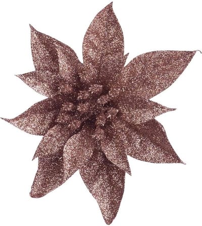 Cosy & Trendy Kerstboomversiering op clip - donker beige - glitter bloem 15 cm - donker beige kerstversieringen