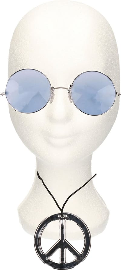 Smiffys Hippie Flower Power verkleed set - peace ketting - en ronde glazen party bril - blauw - volwassenen
