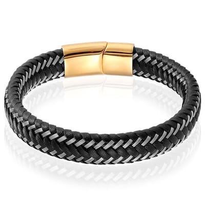Heren armband Leer Edelstaal LGT Jewels Goudkleurig Zwart - 19cm