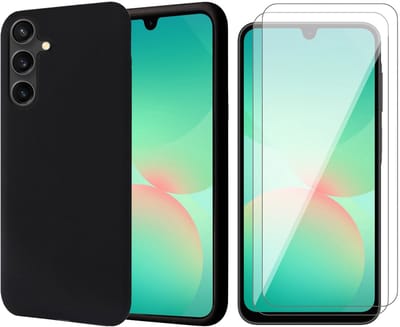 Hoesje geschikt voor Samsung Galaxy A17 5G / A26 - 2x Screenprotector Glas - Mat Back Case Zwart
