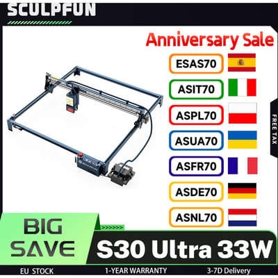 SCULPFUN S30 Ultra 33W lasergraveersnijmachine, automatische luchtondersteuning, 0,08x0,10mm laserfocus, 600*600mm - EU-stekker