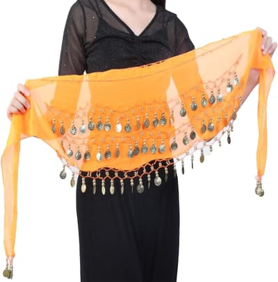 Elegante buikdans taille sjaal met munten, perfect voor podiumoptredens, feesten en verjaardagen in oranje kleur