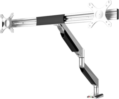 DESQ® Monitorarm voor 2 Beeldschermen met Gasveer | 17/27 Inch | Bureauklem + Bladdoorvoer set | Front-loading ports | Zilver