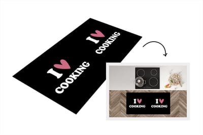 Keukenloper - Loper keuken - I love cooking - Quotes - Koken - Hartje - Roze - Spreuken - Keuken - 120x60 cm - Keukenloper vinyl