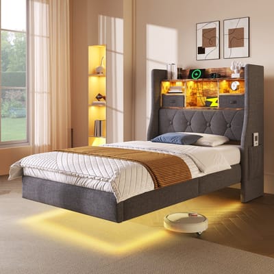 Wishdor – Eenpersoonsbed 90x200 cm – LED 60.000+ Kleuren & USB‑C Snellader – Opberghoofdbord – Linnen Grijs