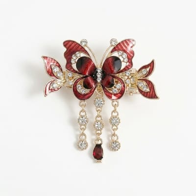Rood goudkleurige vlinder haar clip – dames sierlijke haar klem – decoratieve haar accessoire met strass en hangende kettingen